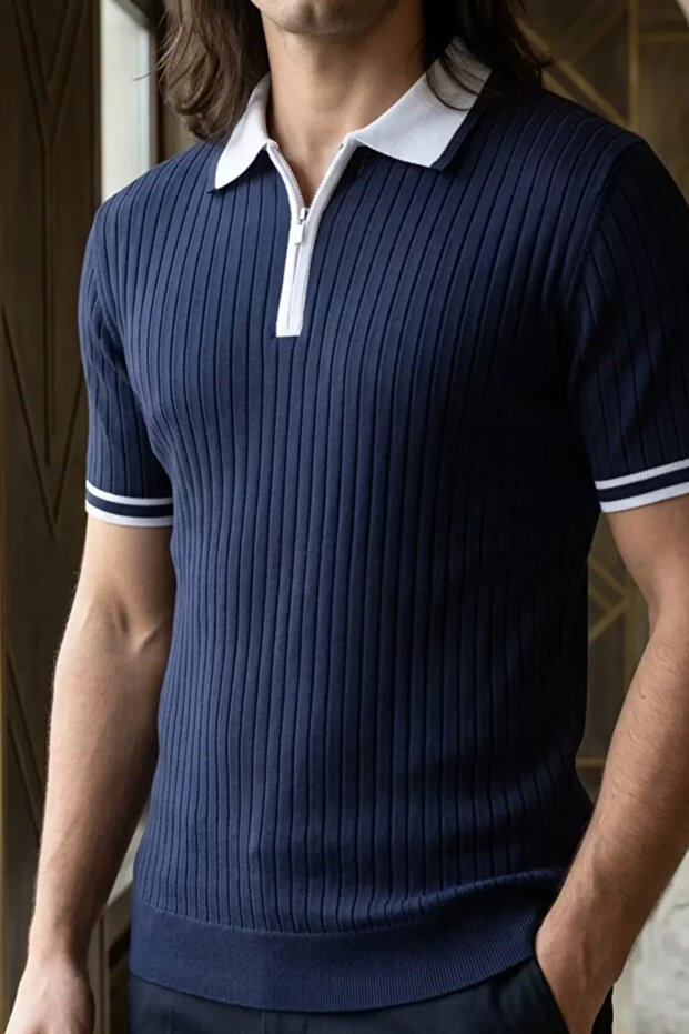 Men's Polo Collar Front Half Zipper Self-Patterned Knitwear T-Shirt