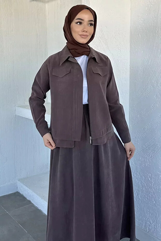 Elastic Waist Skirt, Front Zipper Jacket, Belted Hijab, Two-Piece Set