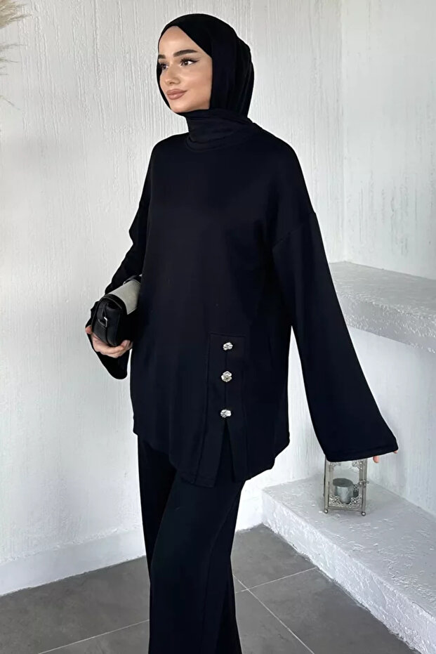 Elastic Waist Trousers Tunic Hijab Double Set