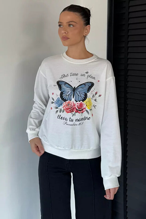 Women's Crew Neck Butterfly Printed Stone Embroidered Sweatshirt