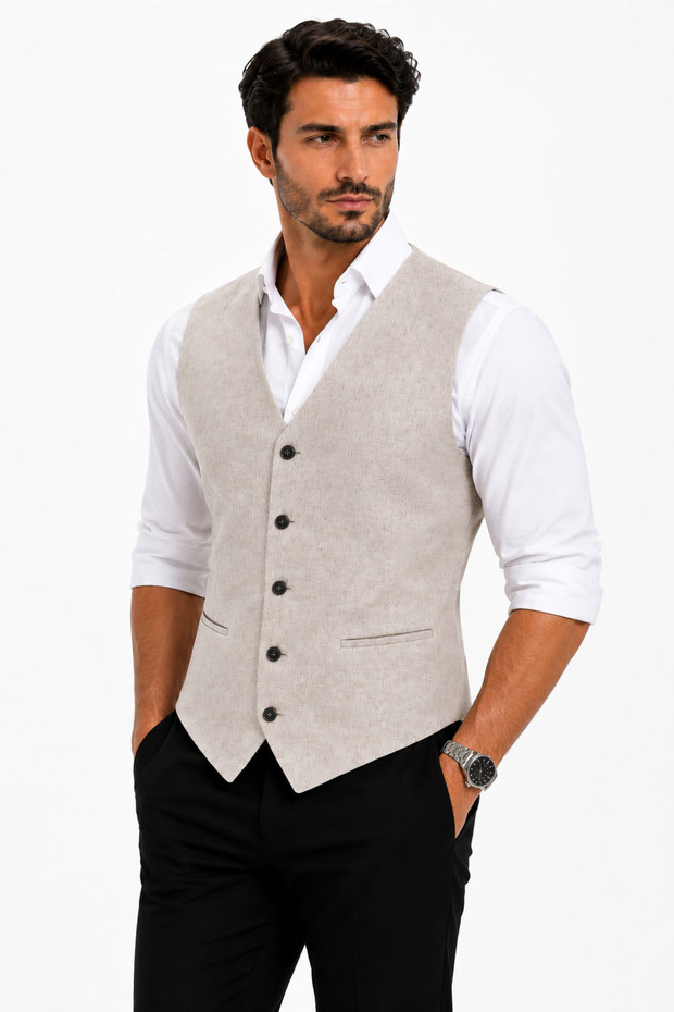 Men's Vest V-Neck Beige Melange 50302