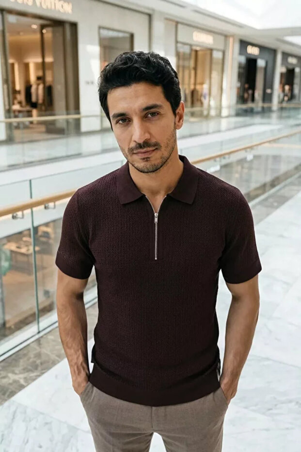 Men's Polo Collar Half Zipper Patterned Knitwear T-Shirt