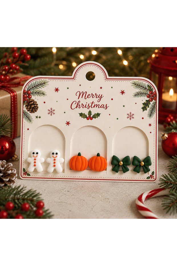 Women's New Year Earring Set 3 Pairs Christmas Themed – Cute New Year Earrings Gift Set with White Cookie Man, Orange Pumpkin, Green Bow Figures