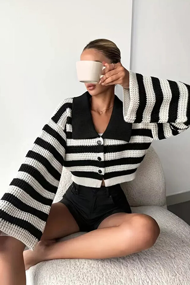 Women's Front Buttoned Color Stripe Spanish Sleeve Knitted Sweater Cardigan