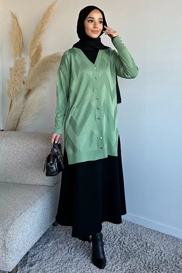 Front Buttoned Patterned Hijab Knitwear Cardigan (Fits M-L-Xl)
