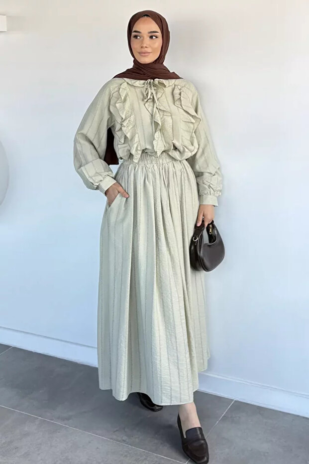 Elastic Waist Skirt, Front Ruffled Blouse, Hijab, Two-Piece Set