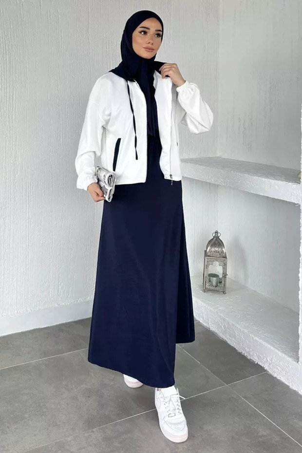 Elastic Waist Zero Sleeve Dress Zippered Sweat Hijab Double Set