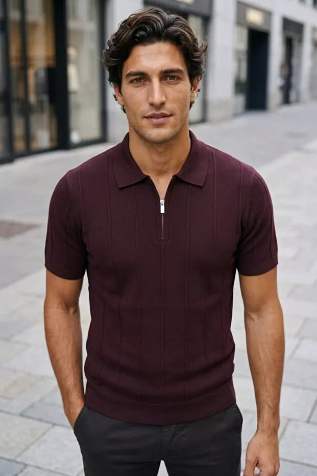 Men's Polo Collar Half Zipper Patterned Knitwear T-Shirt