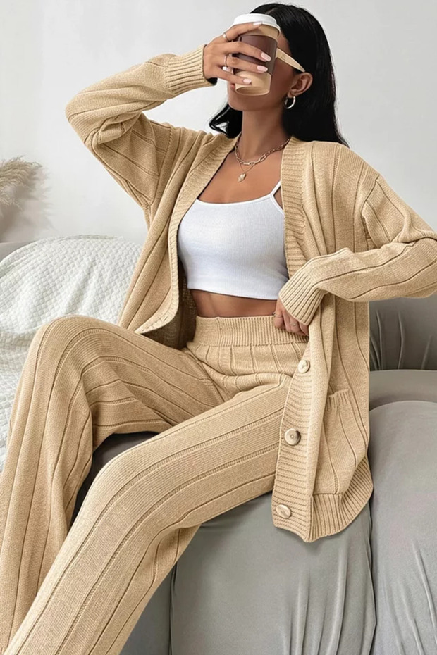 Women's Front Buttoned Self-Line Patterned Knitwear Cardigan Trousers Two-Piece Set