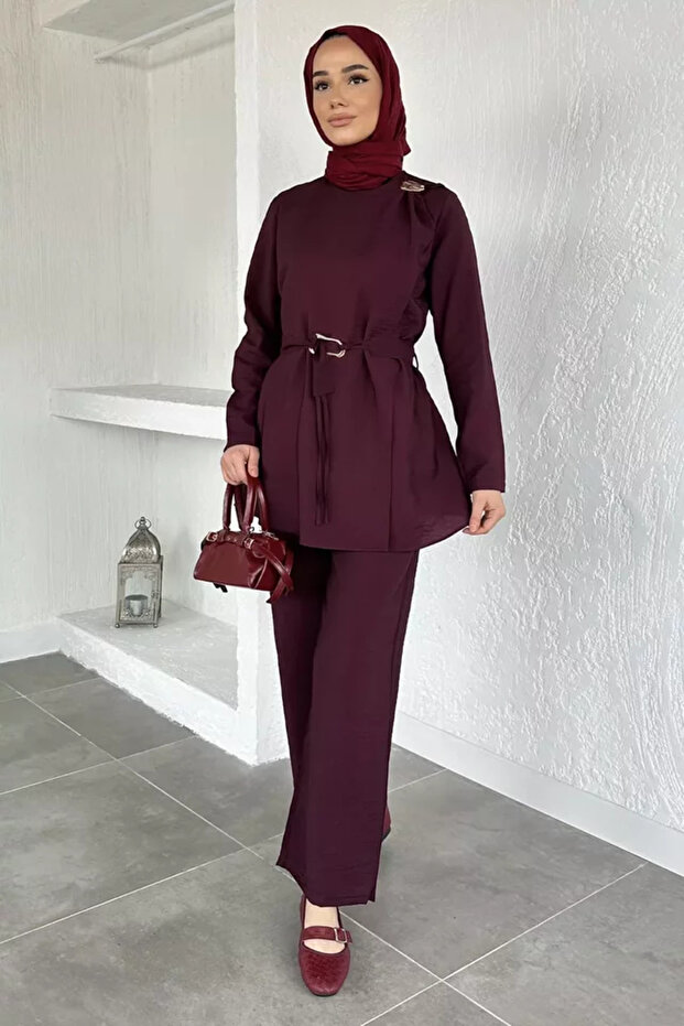 Gold Accessory Belted Tunic Elastic Waist Pants Islamic Clothing Double Set