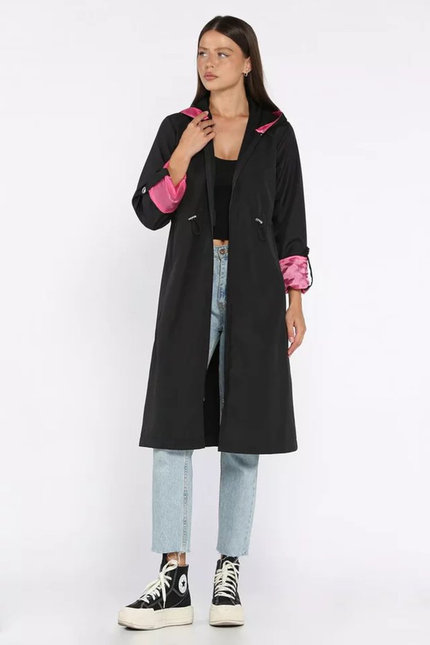 Women's Hooded Long Trench Coat with Elastic Waist