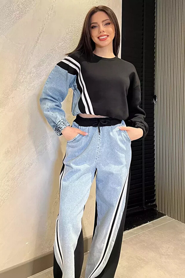 Women's Denim Garnished Shaded Sweat Pants Double Set