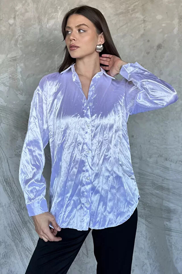 Women's Stone Embellished Crinkled Satin Shirt