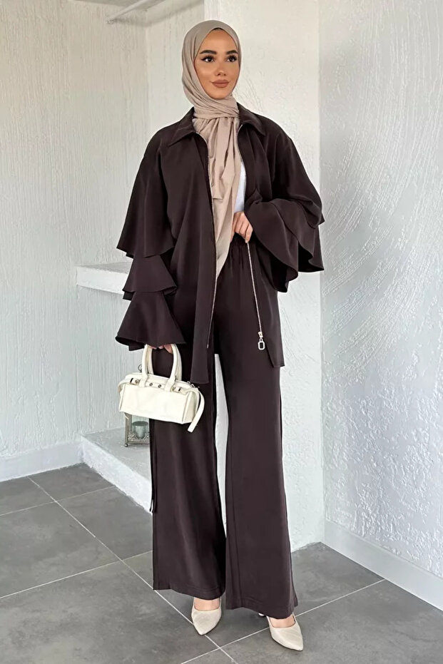 Gülseli Sleeve Ruffled Tunic Elastic Waist Pants Hijab Double Set