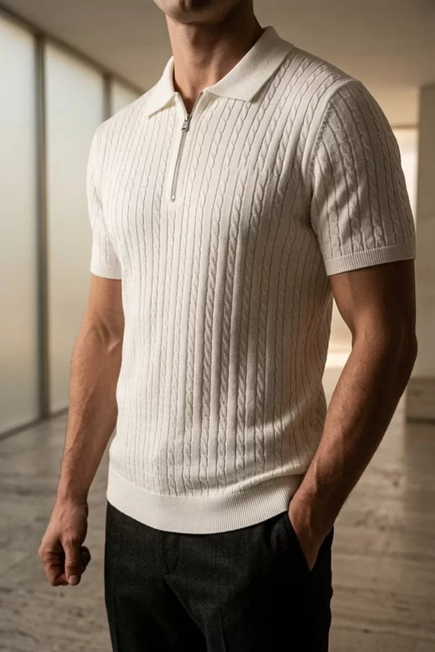 Polo Collar Half Zipper Men's Knitwear T-Shirt