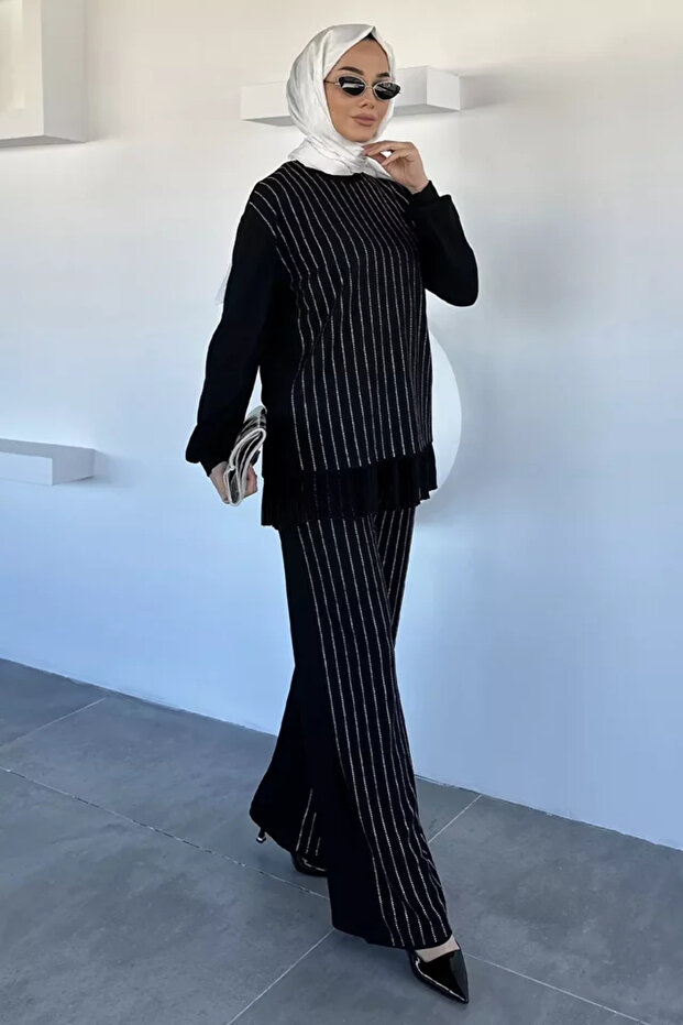 Stone Embellished Hijab Tunic and Elastic Waist Pants Double Set