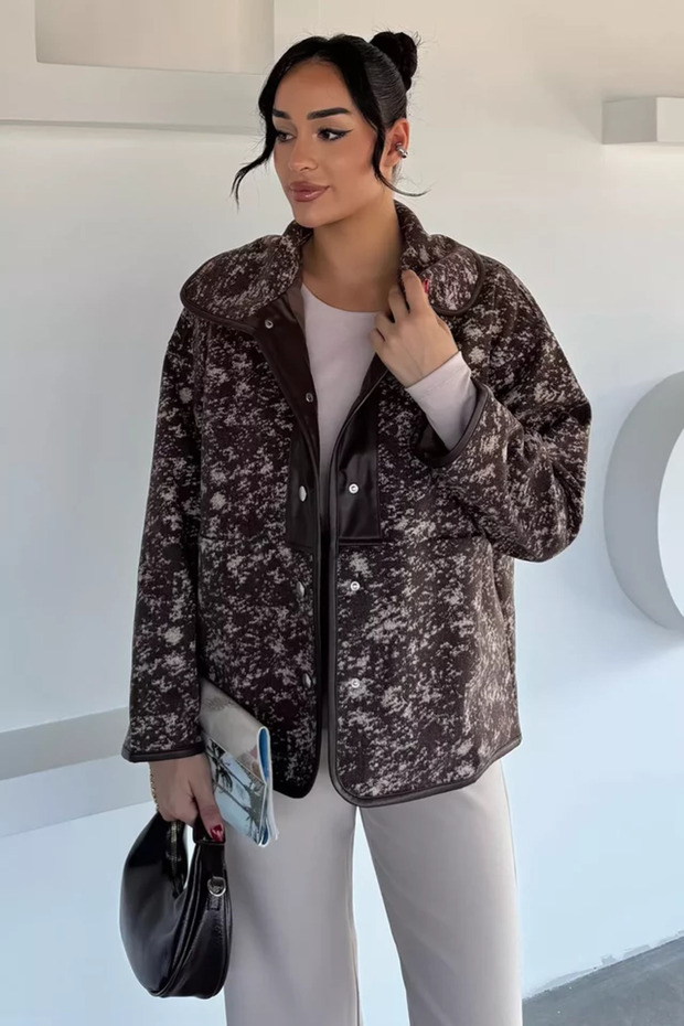 Women's Inner Lined Leather Garnished Snap Fastener Patterned Jacket