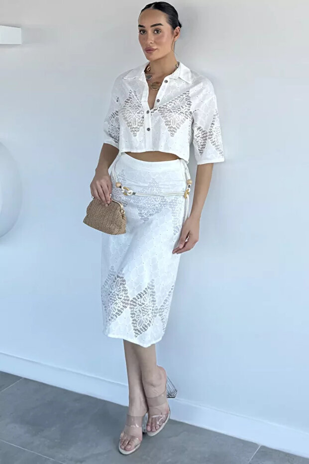 Women's Belt Detailed Skirt Openwork Shirt Double Set