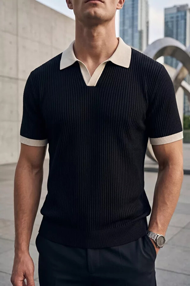 Men's Polo Collar Patterned Knitwear T-Shirt