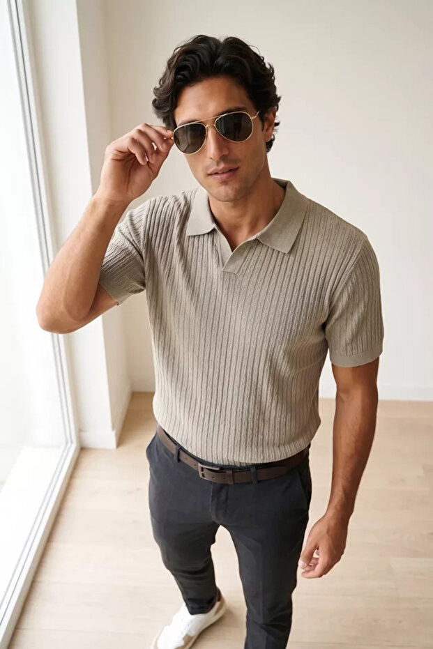 Men's Polo Neck Self-Patterned Knitwear T-Shirt