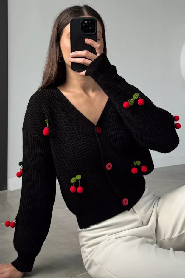 Women's Knitwear Cardigan with Cherry Accessories (Available in S, M, L)