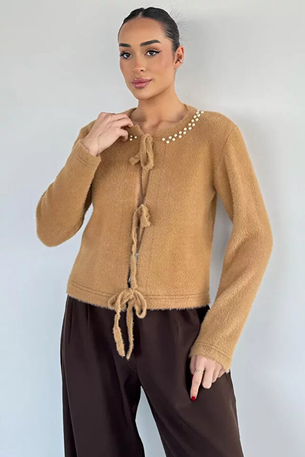 Women's Front-Tie Pearl Detailed Soft Knitwear Jacket (Available in S-M-L)