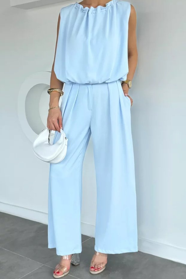 Women's Elastic Waist Trousers and Blouse Two-Piece Set