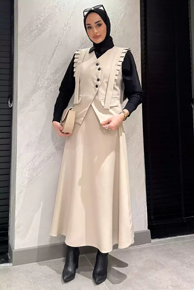 Women's Shoulder Ruffle Vest Skirt Hijab Double Set