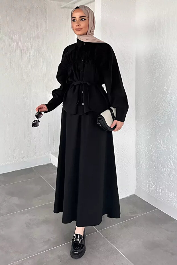 Hijab Drawstring Detailed Waist Tie Tunic Skirt Double Set