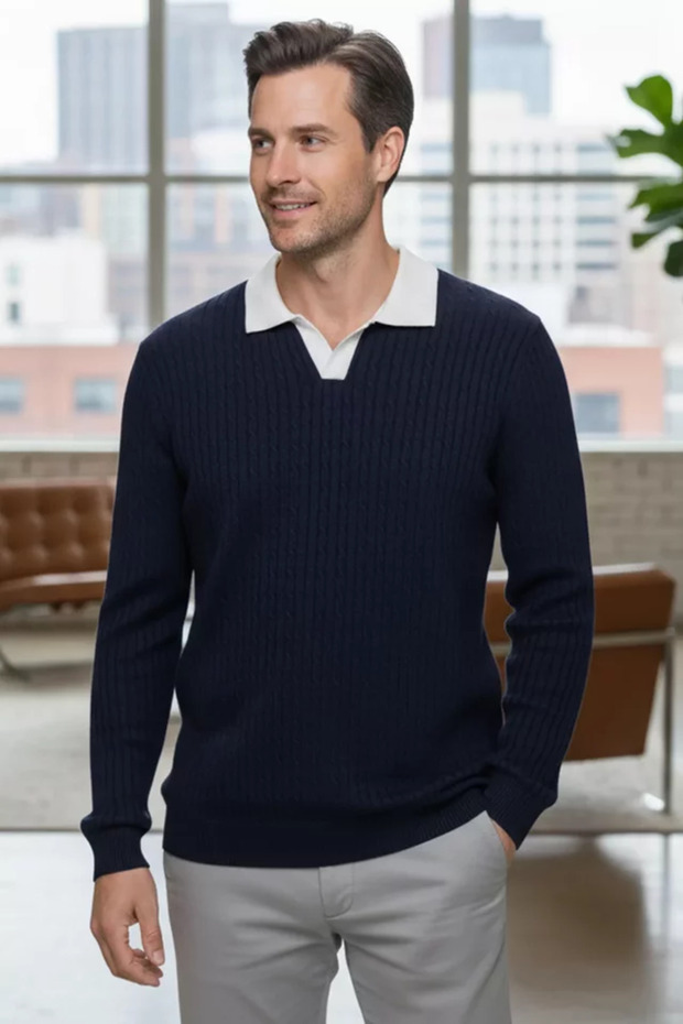Men's Polo Neck Self-Patterned Knit Sweater
