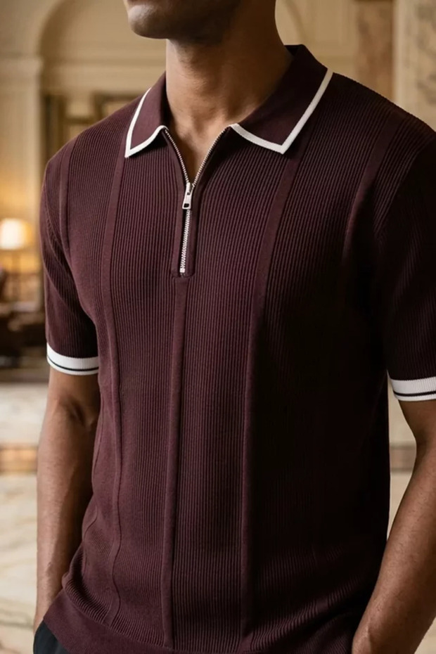 Men's Polo Collar Half Zipper Striped Patterned Lycra Knitwear T-Shirt