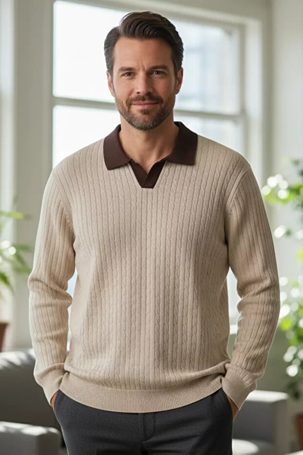 Men's Polo Neck Self-Patterned Knit Sweater