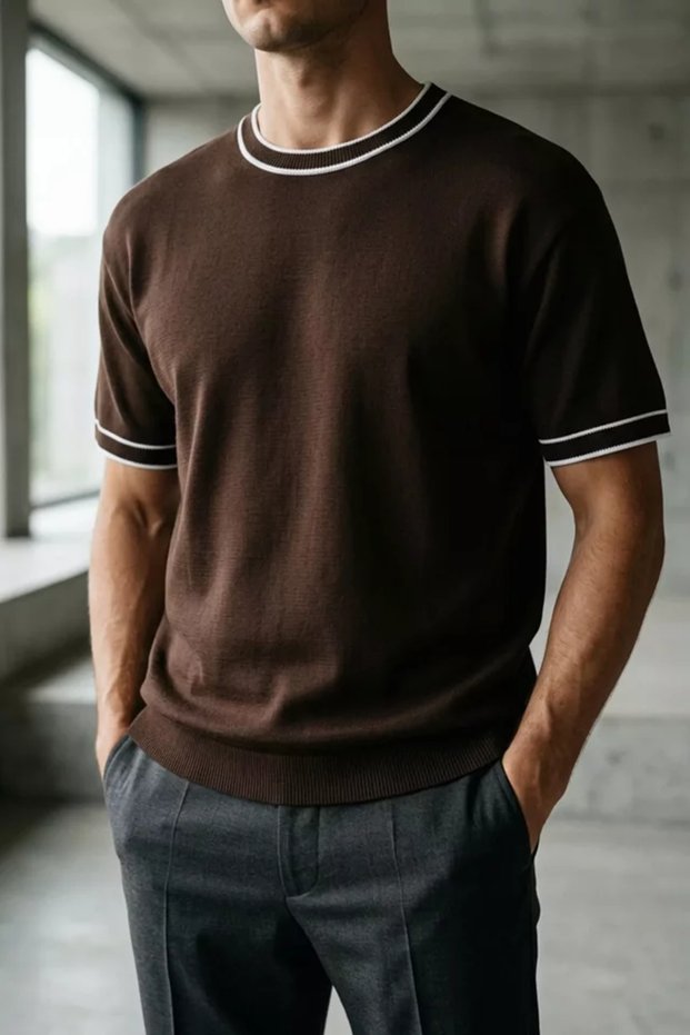 Sleeve Collar Striped Knitwear T-Shirt