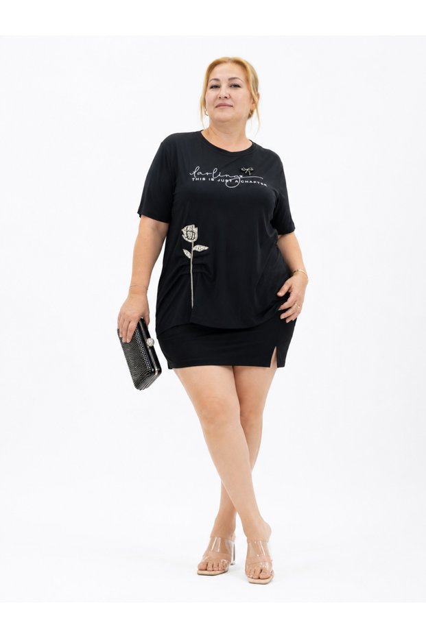 Plus Size Women's Short Sleeve Blouse with Stone Embellishments, Rose and Text Detail