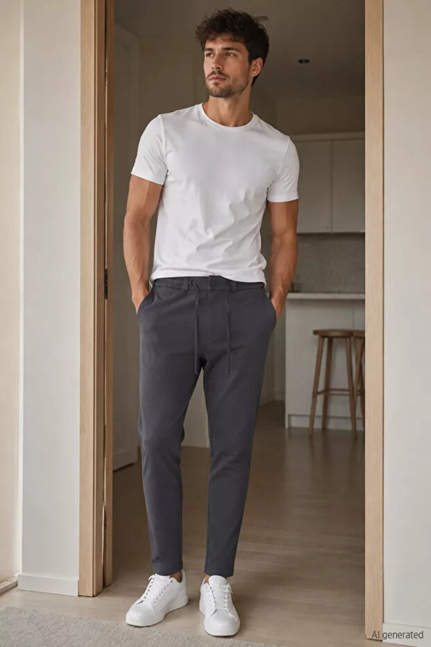 Men's Jogger Pants with Elastic Waist and Ties