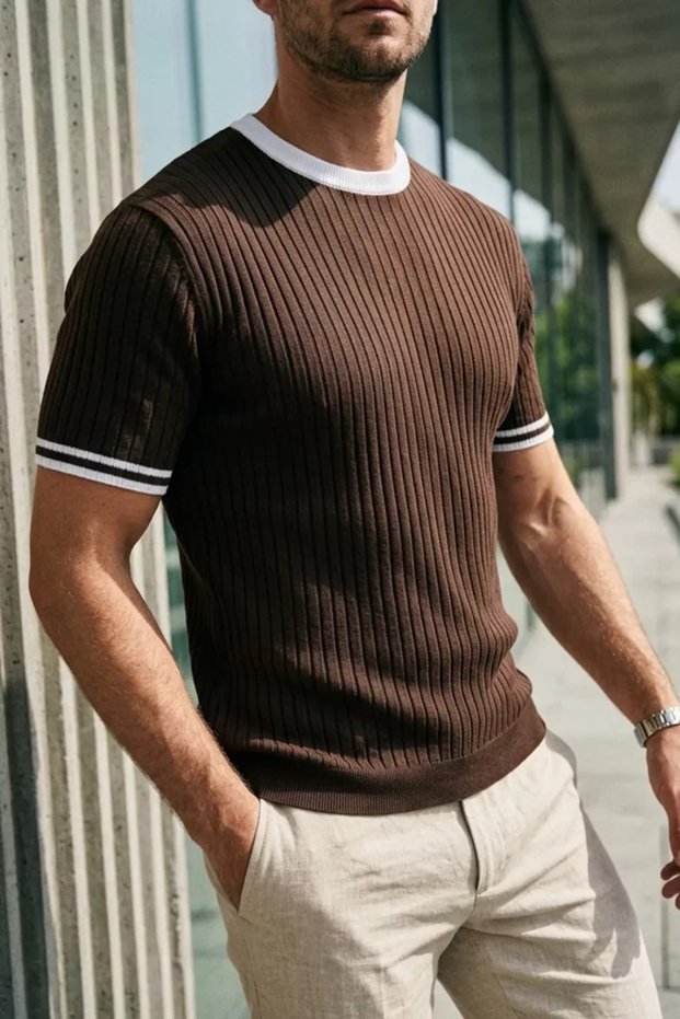 Men's Ribbed Sleeve Collar Striped Knitwear T-Shirt