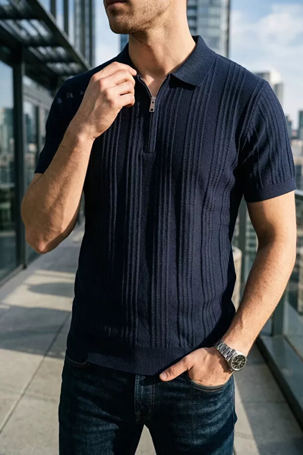 Men's Half-Zip Patterned Knitwear T-Shirt