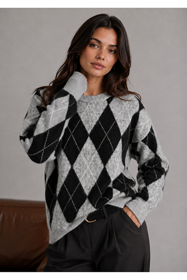 Gray Baklava Pattern Crew Neck Oversize Women's Knitwear Sweater
