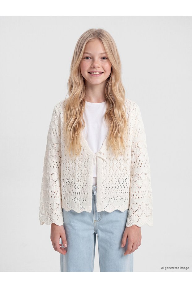 Lcw Kids Ecru Openwork Knitwear Cardigan for Girls
