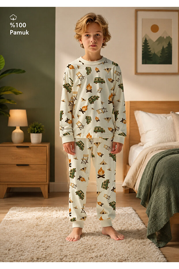 Boy's 100% Cotton Cream Camping Pattern Pajama Set