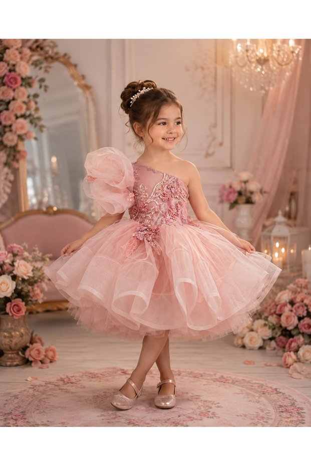 Powder One-Shoulder Lettuce Skirt Girl's Special Occasion Birthday Henna Dress
