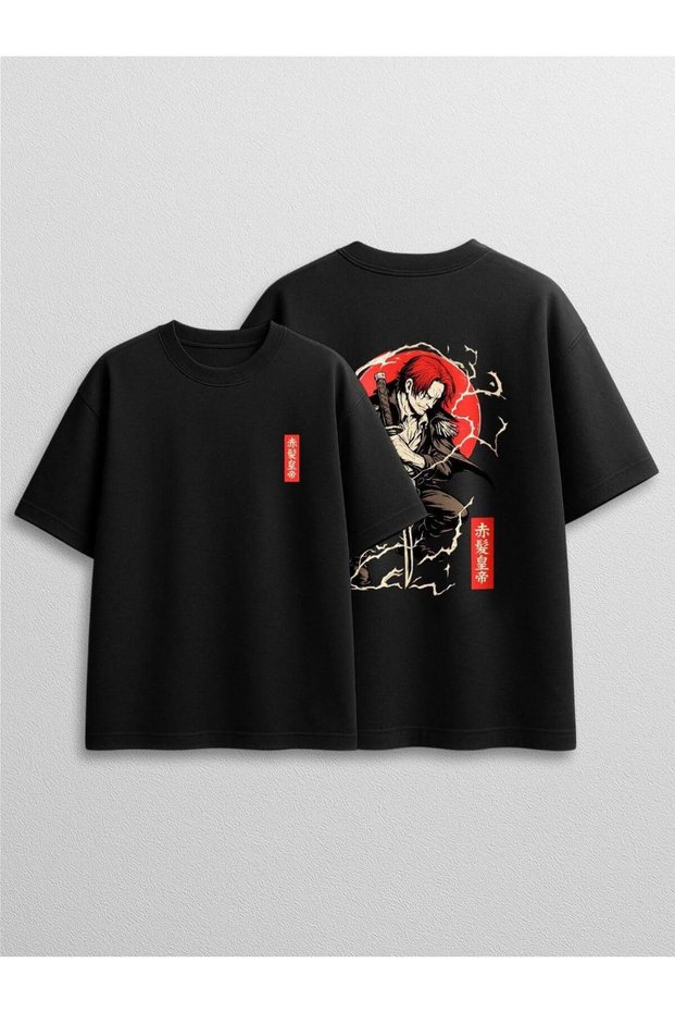 Black Japanese Patterned Shanks Anime Printed Oversize T-Shirt