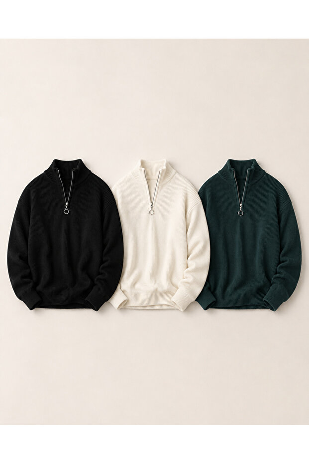 Men's 3-Piece Half-Zip Ribbed Knit Sweater Set