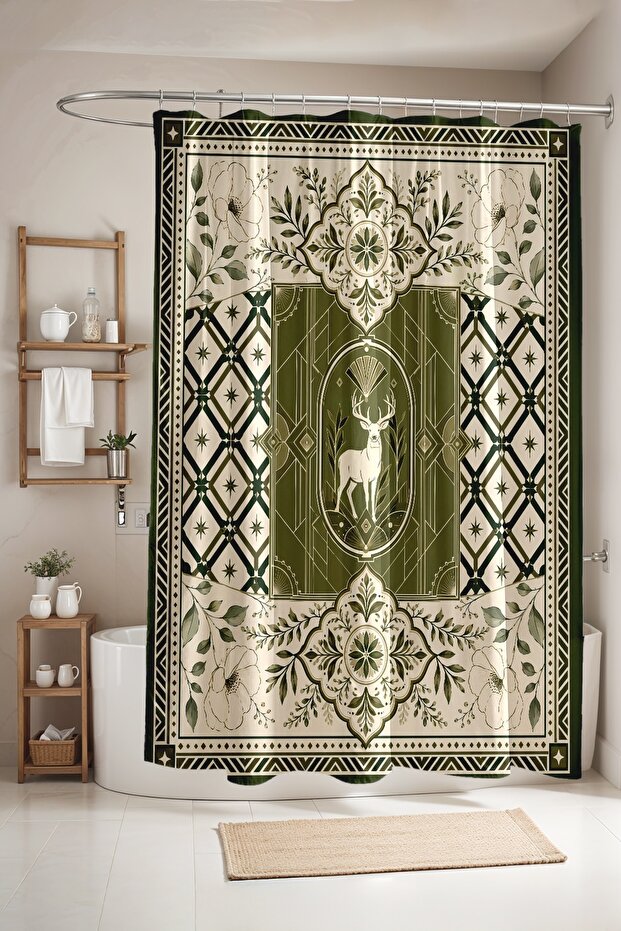Bathroom Curtain, Green Deer and Flowers Patterned Shower Curtain, Bathtub Curtain 175X200Cm
