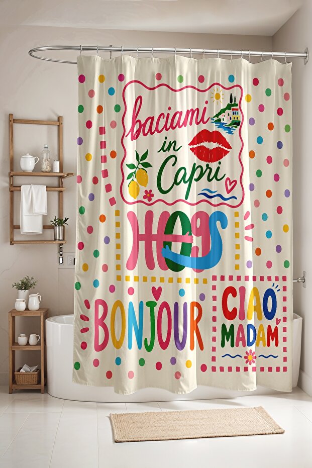 Bathroom Curtain, Ciao Madam Patterned Shower Curtain, Bathtub Curtain 175X200Cm
