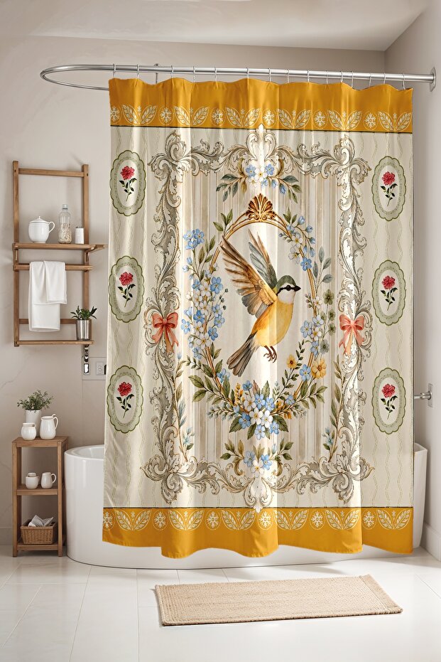 Bathroom Curtain, Rose and Bird Patterned Shower Curtain, Bathtub Curtain 175X200Cm