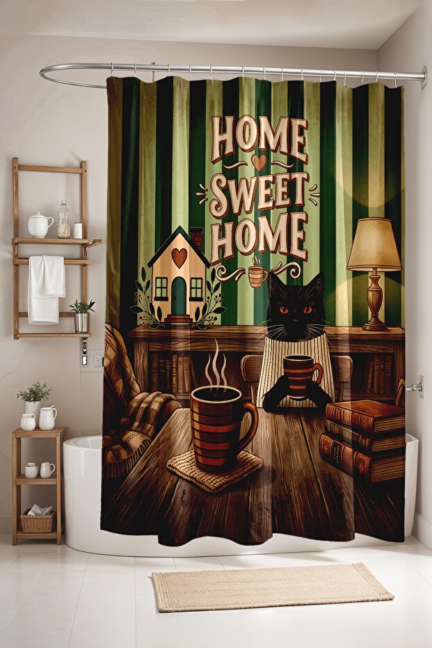 Bathroom Curtain, Coffee Book and Cat Pattern Shower Curtain, Bathtub Curtain 175X200Cm