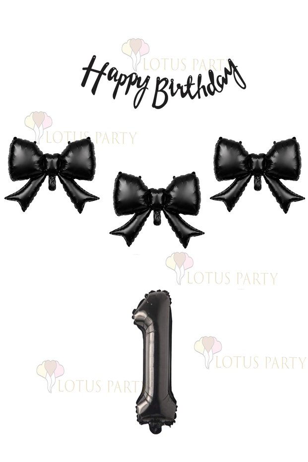 3 Pieces of Black Bow Balloons, 1 Piece of Black Number Balloon, 1 Piece of Black Happy Birthday Text Balloon.