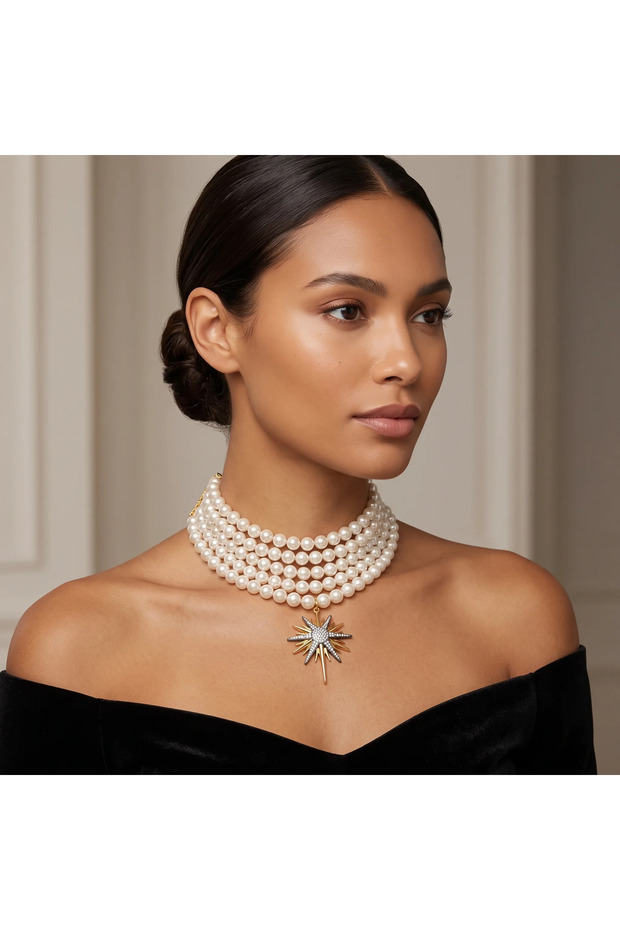 Natural Stone Women's Necklace Glass Pearl Choker Star Steel Gold Detailed Vintage Bohemian Jewelry