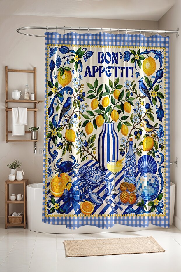 Bathroom Curtain, Navy Blue Birds and Yellow Lemons Patterned Shower Curtain, Bathtub Curtain 175X200Cm